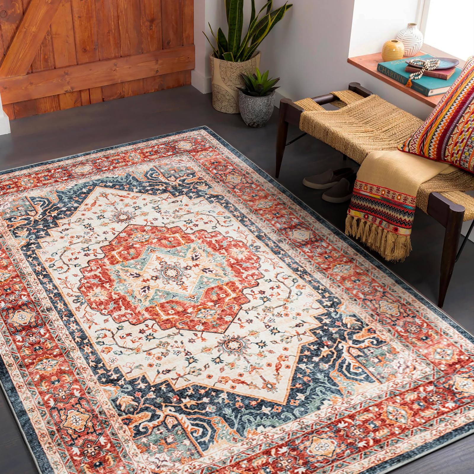 Carvapet Hallway Runner 90x150cm Non Slip Long Carpet Washable Orange Area Rug Soft Microfiber Vintage Medallion Floor Carpet for Living Room Corridor Entryway