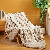 The Nantucket Blanket - LuxeComfort Faux Fur Striped Blanket 50"x60" Beachstone - Luxuriously Soft Cozy Warm Gift for Women, Plush Silky Fuzzy Heavyweight Reversible Design Home Decor