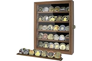 DecoWoodo Military Challenge Coin Display Case with HD Glass Door- 5 Rows Medal Display Case Cabinet Rack Shadow Box with Removable 2 Grooves Shelves Poker Chips Coin Holder for Collectors, Rust Brown