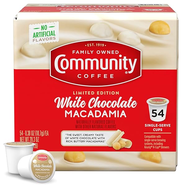 COMMUNITY COFFEE LIMITED EDITION WHITE CHOCOLATE MACADAMIA 54 COUNT FLAVORED COFFEE PODS, MEDIUM ROAST COMPATIBLE WITH KEURIG 2.0 K-CUP BREWERS