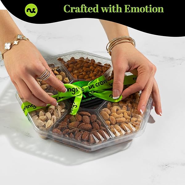 NUT CRAVINGS GOURMET COLLECTION – PURIM MISHLOACH MANOT MIXED NUTS GIFT BASKET + GREEN RIBBON (7 ASSORTMENTS, 1 LB) ARRANGEMENT PLATTER, BIRTHDAY CARE PACKAGE – HEALTHY KOSHER CORPORATE GIFTS