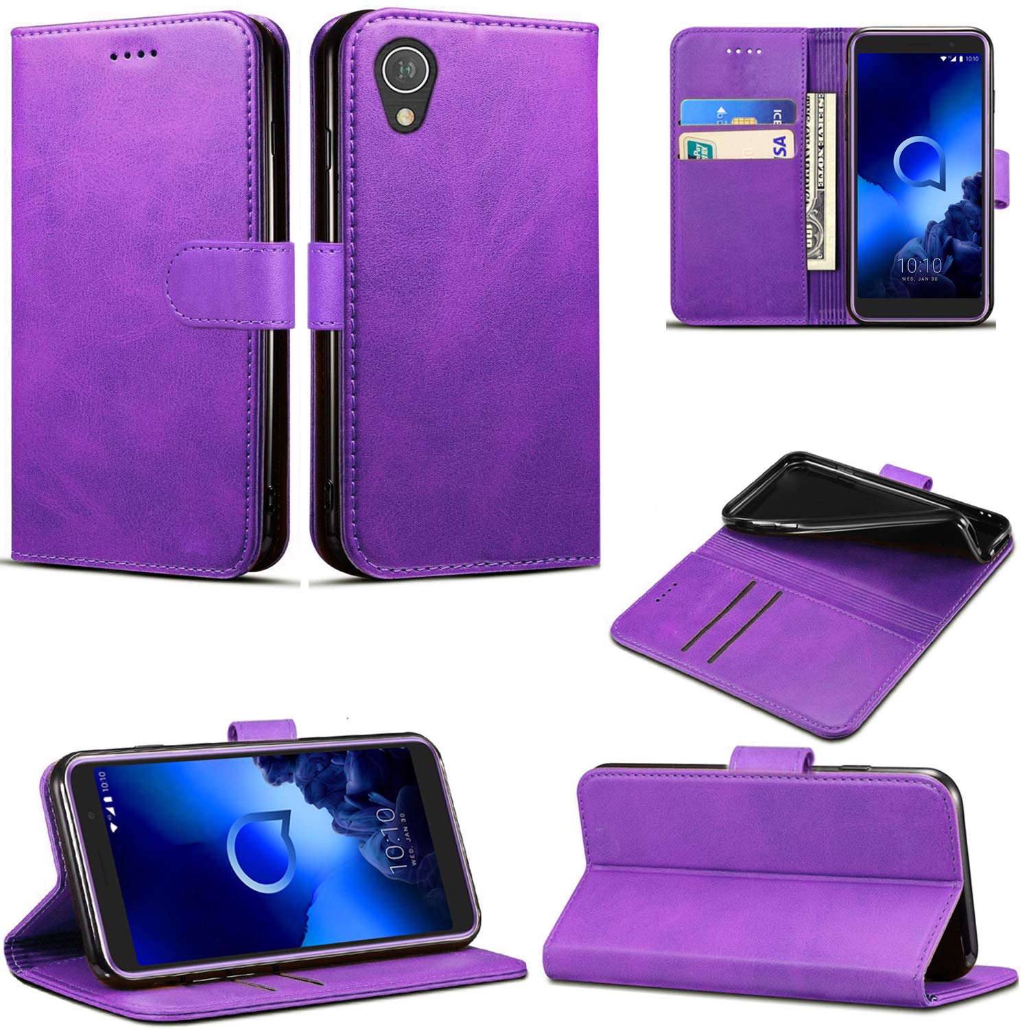 Mobile Stuff Alcatel 1 (5033X) Case, Leather Case Flip Folio Book Case Wallet Cover with Magnetic Closure & Kick Stand For Alcatel 1 (Purple)