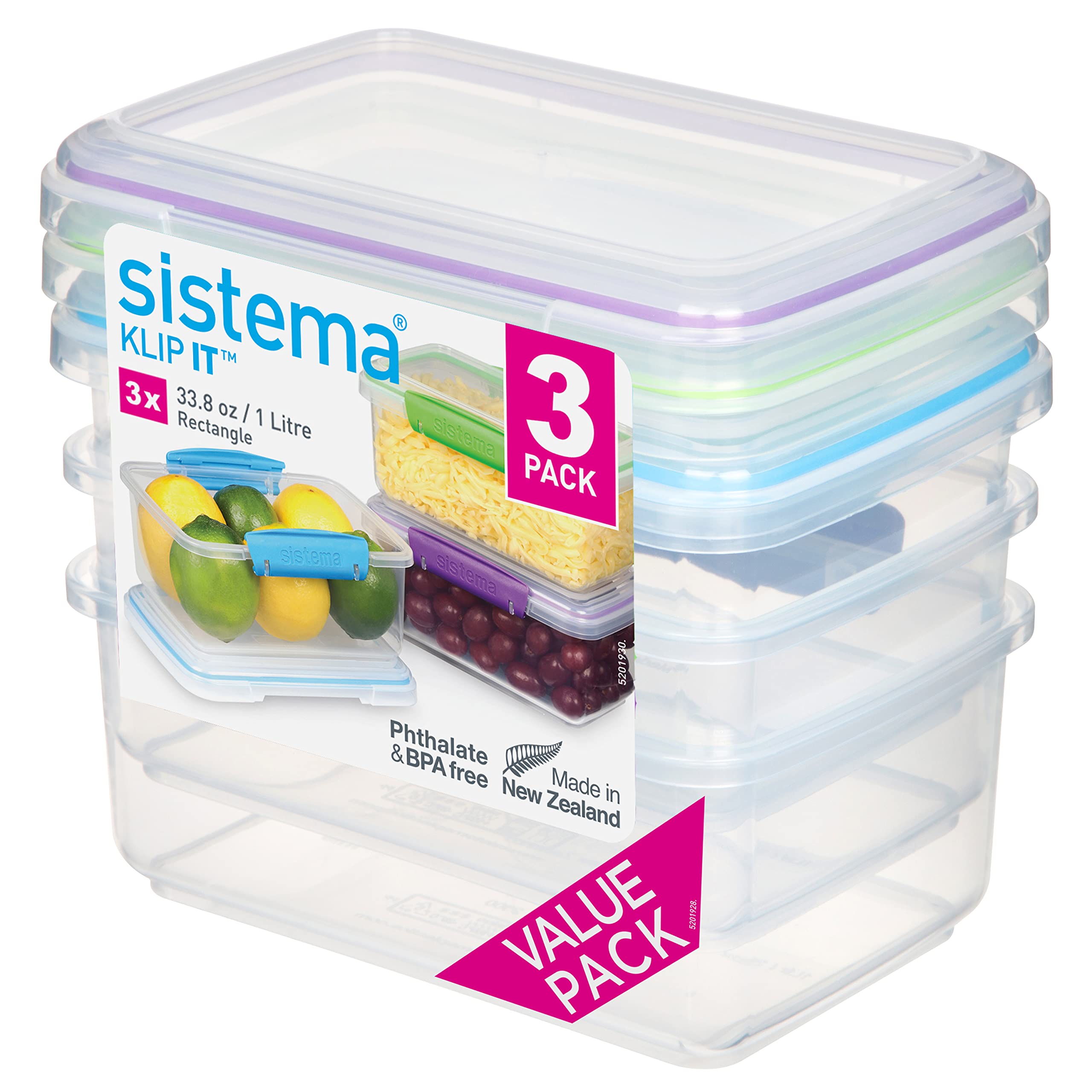 Sistema KLIP IT Food Storage Containers | 1 L | Stackable, Nestable & Airtight Fridge/Freezer Food Boxes with Lid | BPA-Free Plastic | Assorted Colours or Teal only | 3 Count