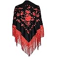 AMINA Medium Peak Shawl Triangular Flamingo or Sevillanas (170 x 70 cm) Black Embroidered Red