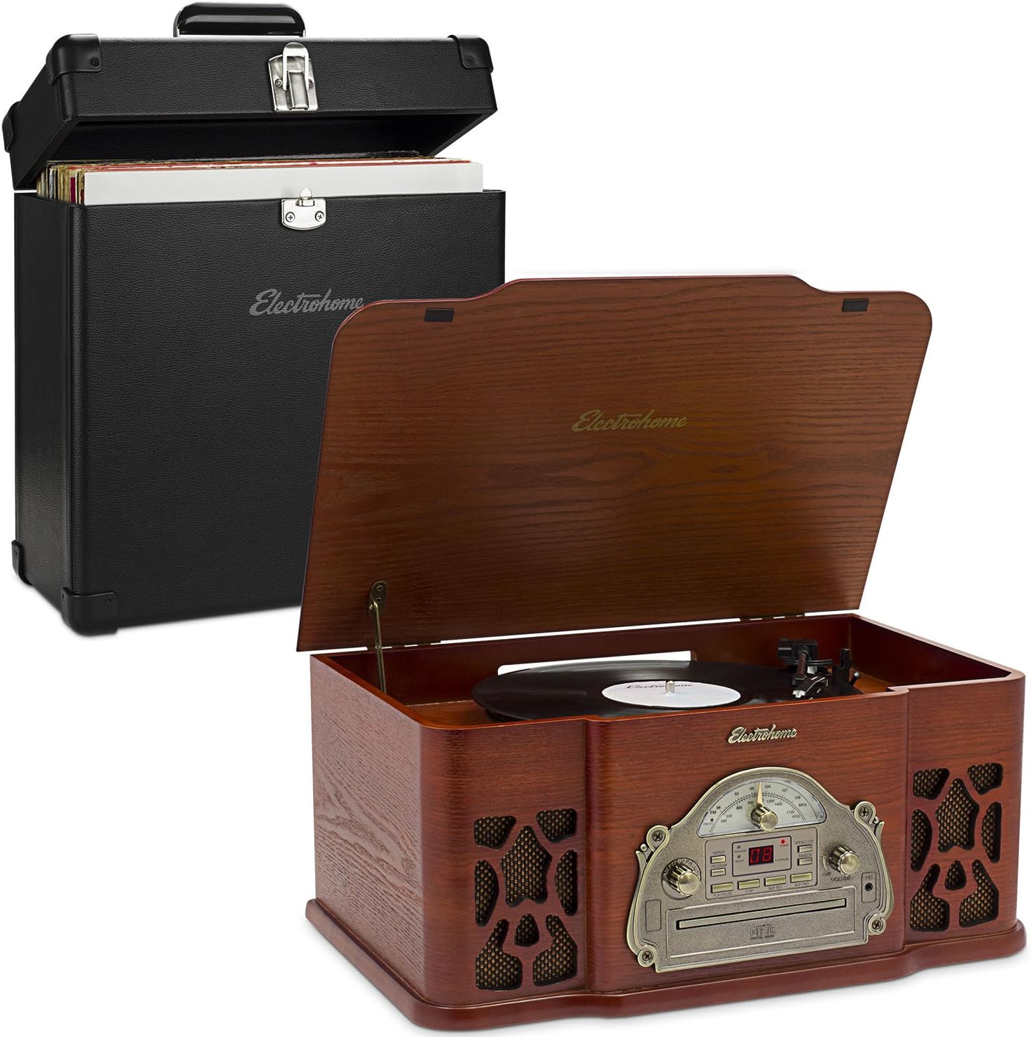 Electrohome Record Player Retro Vinyl Turntable Stereo, AM/FM, Vinyl-to-MP3, AUX with Bonus Vinyl Carrying Case