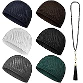 ONART HOME - Kufi Hats for Men Stretchable and Breathable Crochet Taqiyah Soft Islamic Prayer Cap Comfortable Skull Beanie for Large Head Sizes 6 Pack with 99 Beads Tasbih Multi