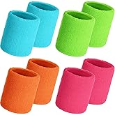 WILLBOND 8 Pack Wrist Sweatbands Sports Wristbands Tennis Sweatbands Neon 80s Thick Cotton Gymnastics Sweat Band International Sports Athletic Wristband for Men Women Party Supplies