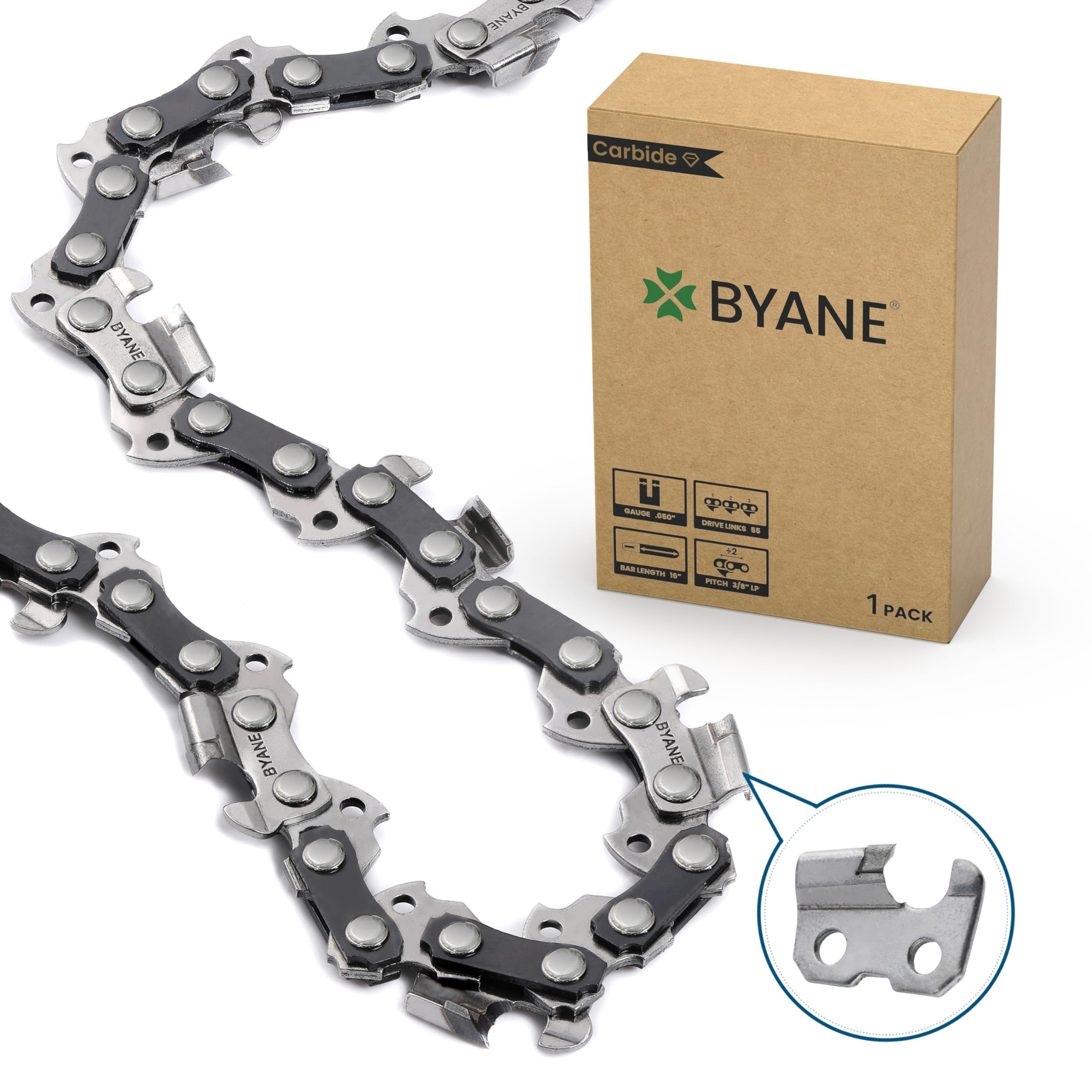 Photo 1 of Byane 16-Inch Carbide Chainsaw Chain, 3/8" LP Pitch, .050" Gauge, 55 Drive Links for Stihl MS170, MS180, MS211, MS250, and Craftsman (Replaces S55)