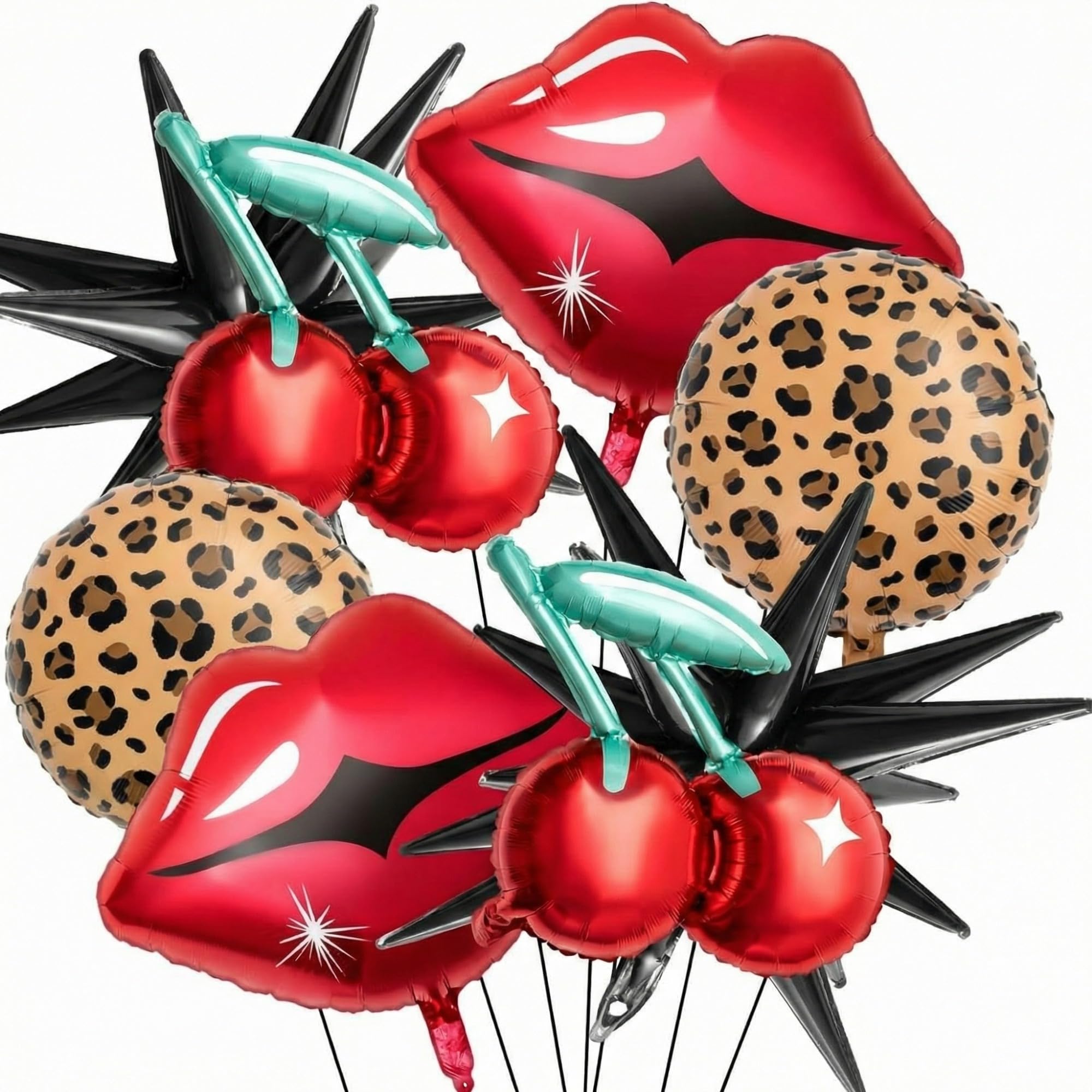Realspring 8 Pcs Black and Red Foil Balloons Kit, Cherry Print, Red Lips, Cheetah Pattern and Black Star Balloons for Bachelorette Party Decor, Kiss the Miss Goodbye, Women's Birthday Baby Shower