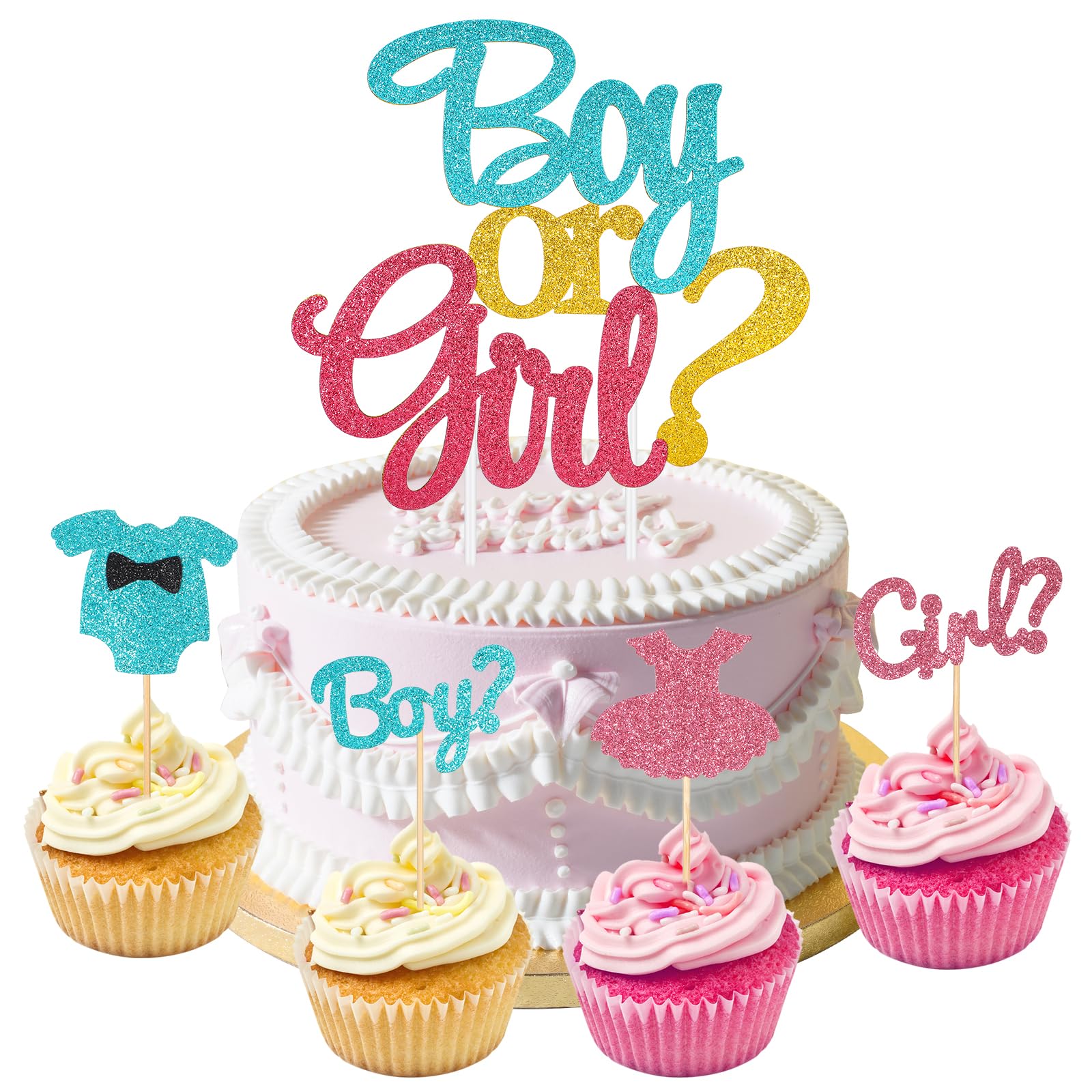 Photo 1 of 13 Pcs Boy Or Girl Theme Cupcake Toppers, Glitter Gender Reveal Cupcake Liners, Pink Dress Blue shirt Cake Decorations for Gender Reveal, Baby Shower, Birthday Party Supplies