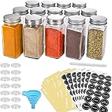 AOZITA 14 Pcs Glass Spice Jars with Spice Labels - 4oz Empty Square Spice Bottles - Shaker Lids and Airtight Metal Caps - Cha