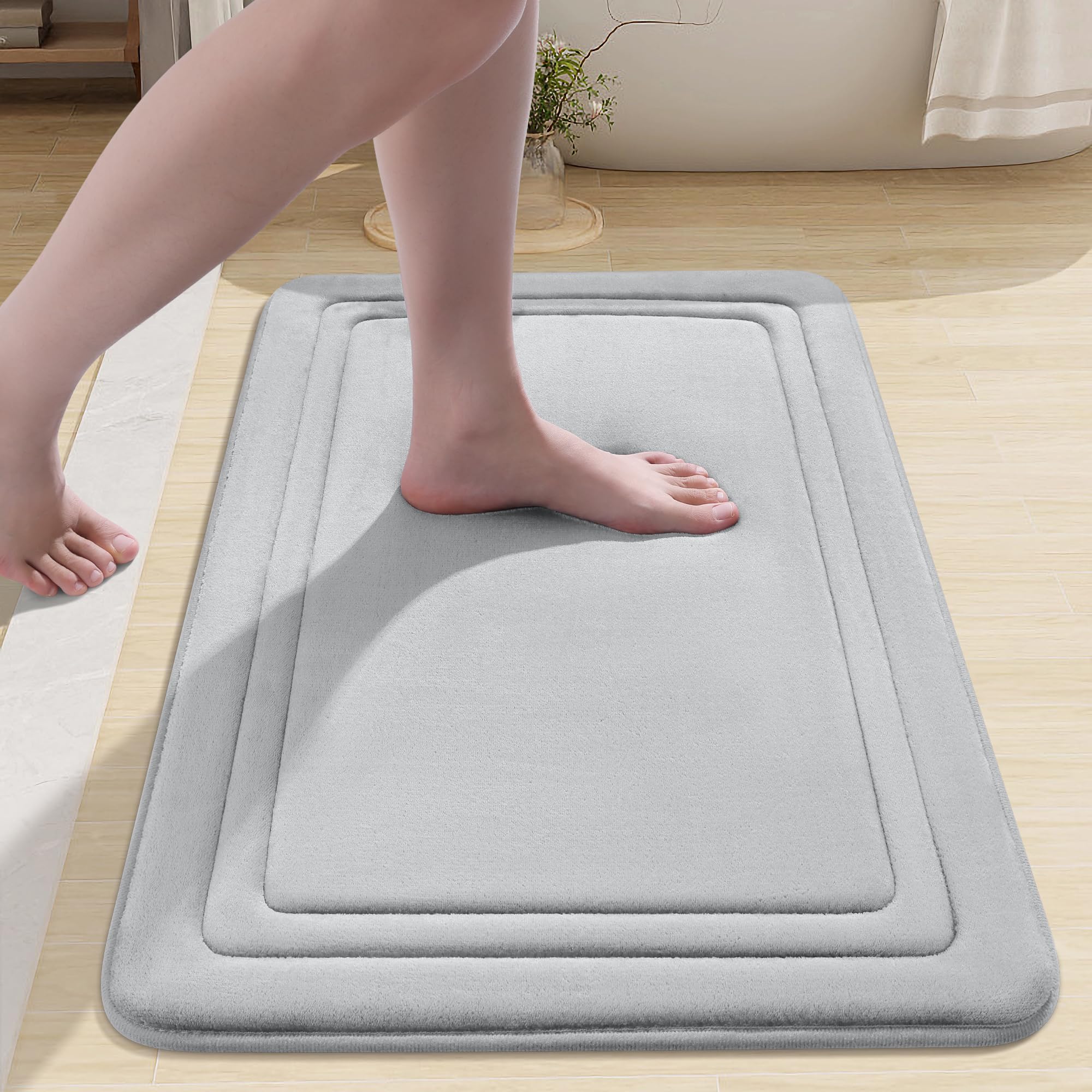 smiry Memory Foam Bath Mat - 50 x 75cm, Non-Slip, Super Absorbent, Comfortable - Machine-Washable Floor Rug, Light Grey