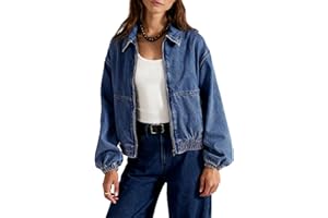 Yeokou Womens Oversized Jean Jacket Zip Up Long Sleeve Casual Denim Coats with Pockets