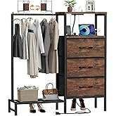 ZHNSYDN Dresser for Bedroom with Hanging Rack, 3 Drawers Closet with Charging Station, Faric Chest of Drawers with Clothes Rack, Storage Organzier for Hallway Entryway, Brown