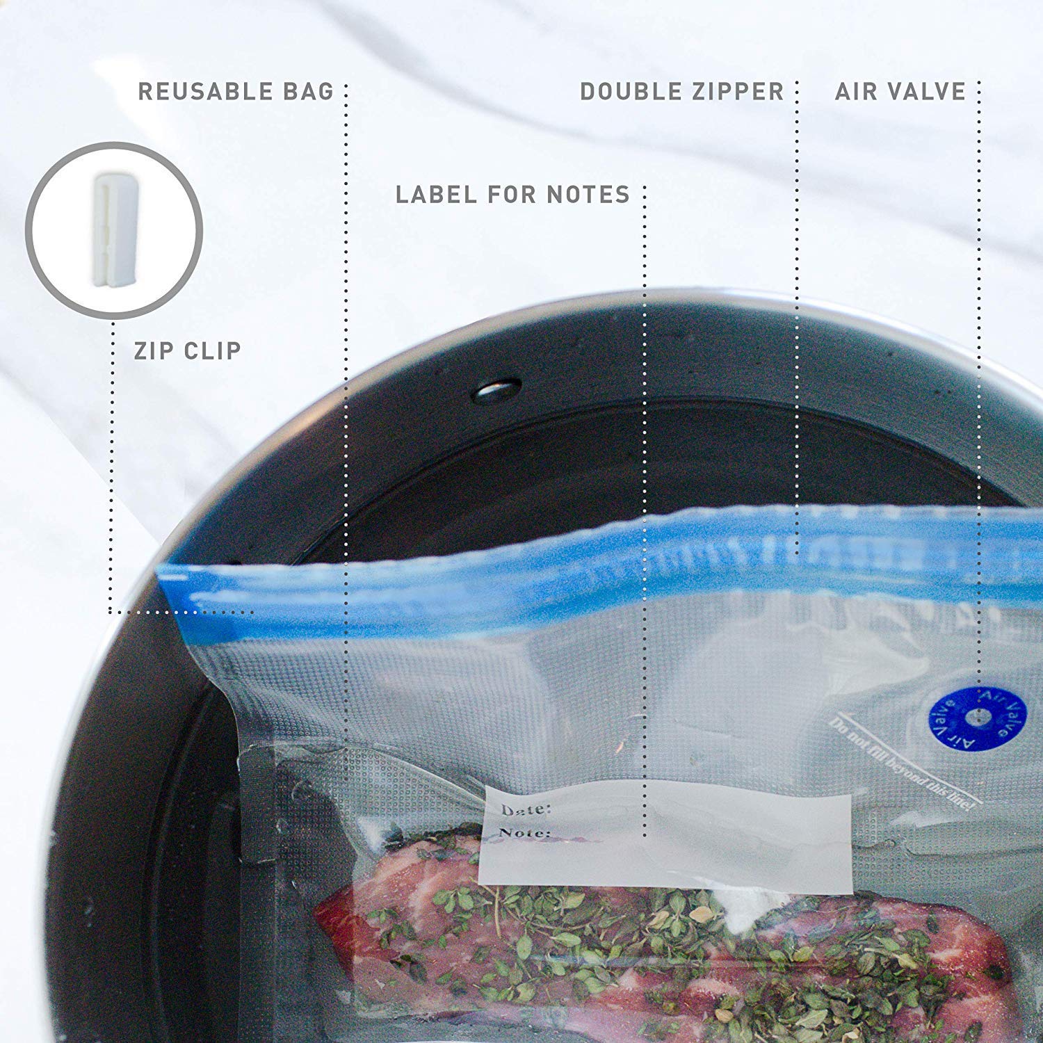 Sous Vide Bags for Joule and Anova Cookers - 15 Reusable BPA-Free Sous Vide Bags with Vacuum Hand Pump in Various Sizes -Vacuum Sealer Bags Food Storage Freezer Safe - Fits Any Sous Vide Machine