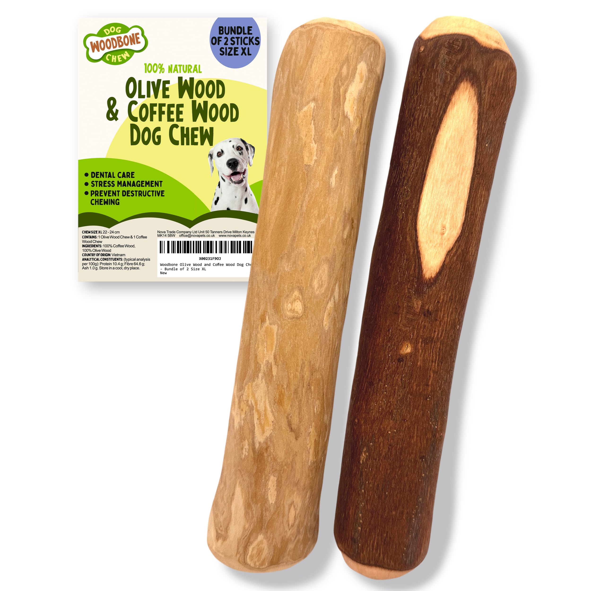 Woodbone Olive Wood and Coffee Wood Dog Chew Stick For Extra Large Dogs - Natural Dental Chewing Toy - Bundle of 2 Size XL