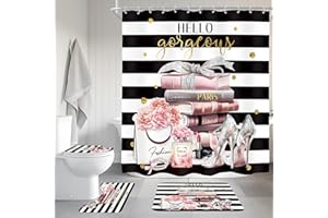 Cinbloo 4Pcs Pink Black Girls Bathroom Sets with Shower Curtain and Rugs, Fashion Flower Perfume Toilet Lid Cover, Bath Mat, Women Girly White Striped High Heels Books Shower Curtain with 12 Hooks