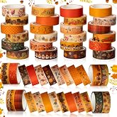 Fainne 24 Rolls Fall Washi Tape Thanksgiving Patterns, Gnome Pumpkin Leaves | Autumn Decorative Masking Tape for Scrapbook Journal, DIY Craft Gift Wrapping, Orange Seasonal Decor