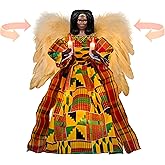 Cyraft Moving African American Decoration Angel with Moving Wings, 12-Inch Kente Cloth Black Angel Tree Topper Holding Candles, Plug in and Battery Operated, Long Power Cord