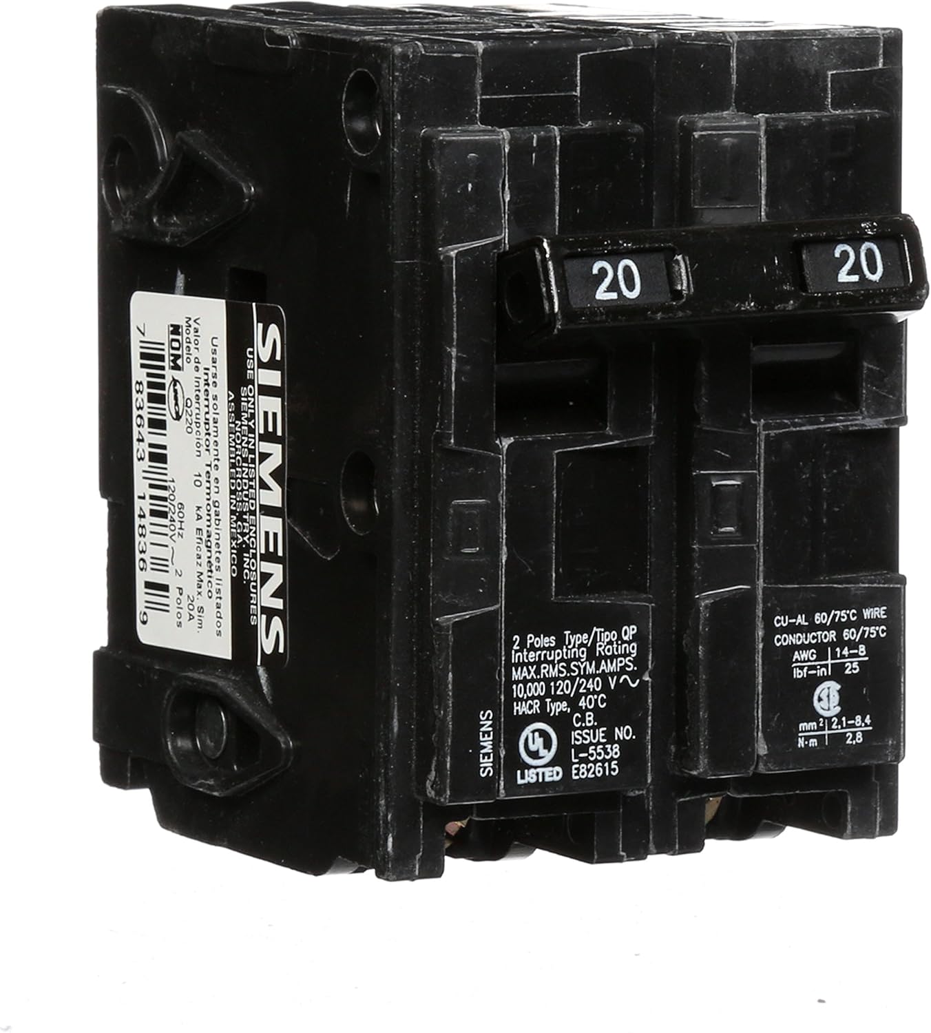 Siemens -HI Q220 20-Amp Double Pole Type QP Circuit Breaker black - - 