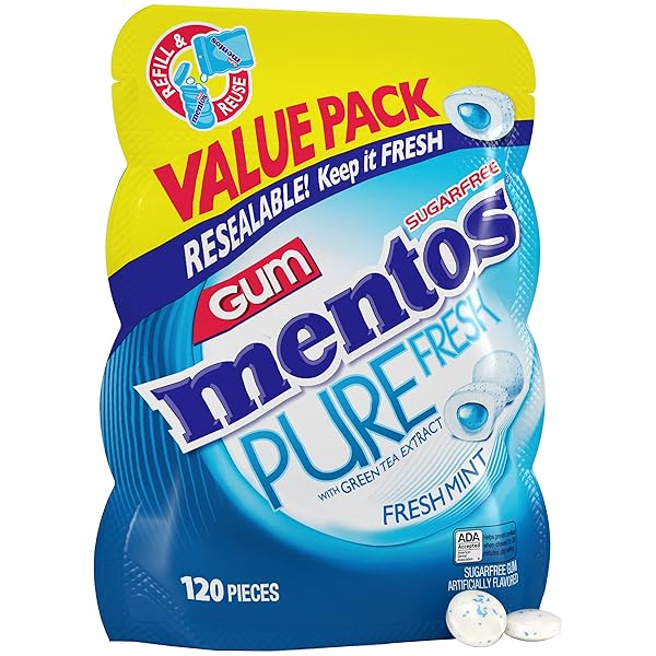 MENTOS PURE FRESH HOLIDAY SUGAR-FREE CHEWING GUM WITH XYLITOL, FRESH MINT, HOLIDAY CHRISTMAS STOCKING STUFFERS FOR ADULTS & KIDS, 120 PIECE BULK RESEALABLE BAG (PACK OF 1)