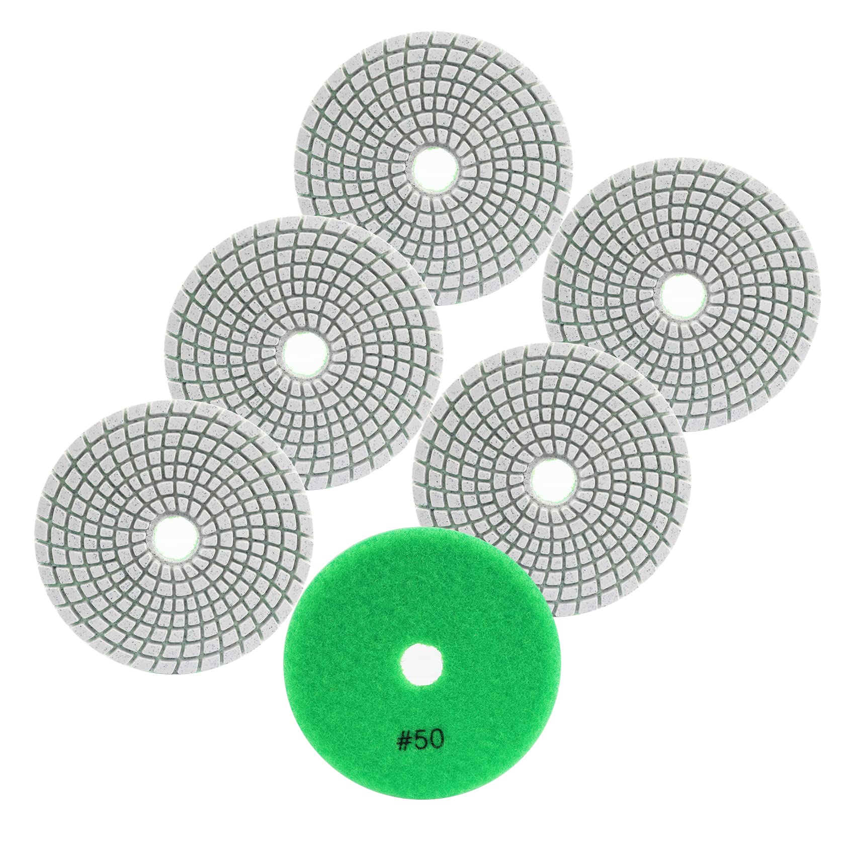 FOCSTOL Diamond Wet Polishing Pads - 6pcs 100mm Grit 50 Polishing Kit for Granite Marble Artificial Stone Quartz for Angle Grinder