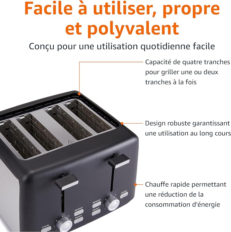 Grille-Pain 4 Tranches avec 7 Niveaux de Dorage et Tiroir Ramasse-miettes Amovible, Fentes Extra Larges, 1500W, Noir — photo 4 sur 8