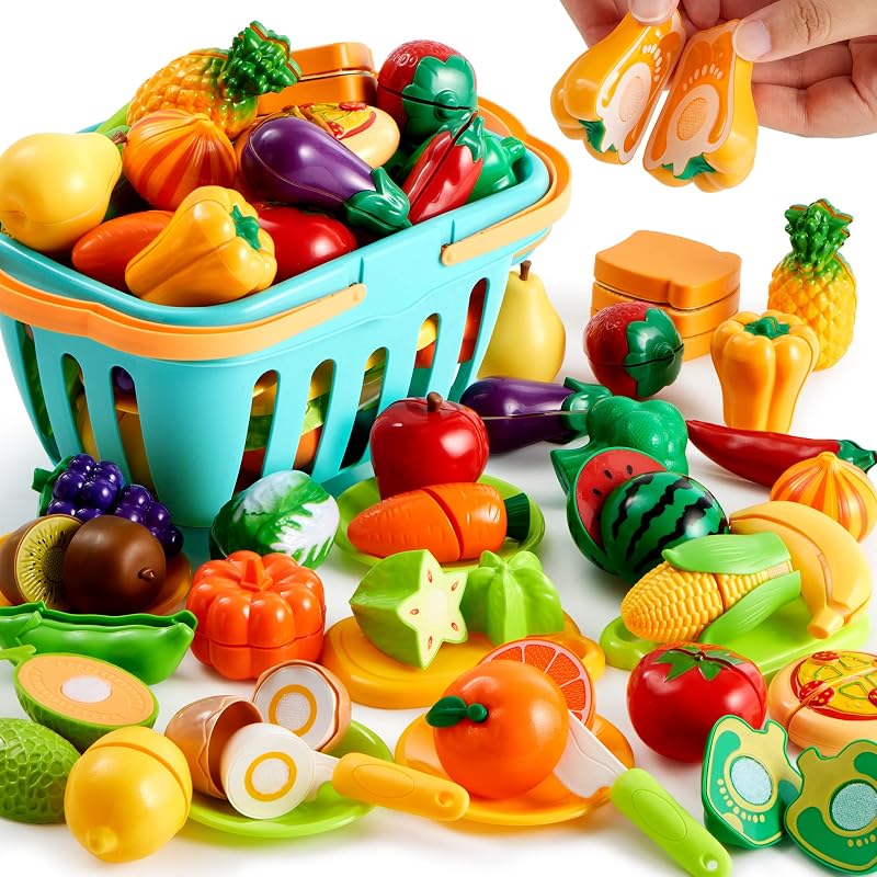 JOYIN 71 Pcs Cutting Play Food Set with Storage Basket Kids Kitchen Toy