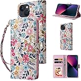 UEEBAI Wallet Case for iPhone 13 6.1 inch, PU Leather Phone Case Kickstand RFID Blocking Flip Case Card Slots Wrist Strap Relief Engraved Pattern Magnetic Closure Flower Folio Case, Multi-Flower