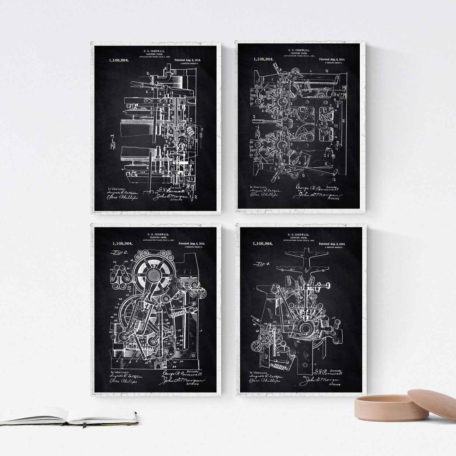 Nacnic BLACK - 4 Pack of sheets with PATENTS IMPRENTAS. Set posters with inventions and old patents. Choose the color you like. Printed on 250 grams