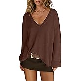 Panadila Women V Neck Oversized Sweaters Casual Off The Shoulder Sweater Knit Long Sleeve Tops Fall Outfits