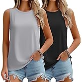 Cunno 2 Pack Women's Sleeveless Tank Tops, Casual Loose Fit T Shirts Solid Color Tunic Crew Neck Summer Shirts Tee