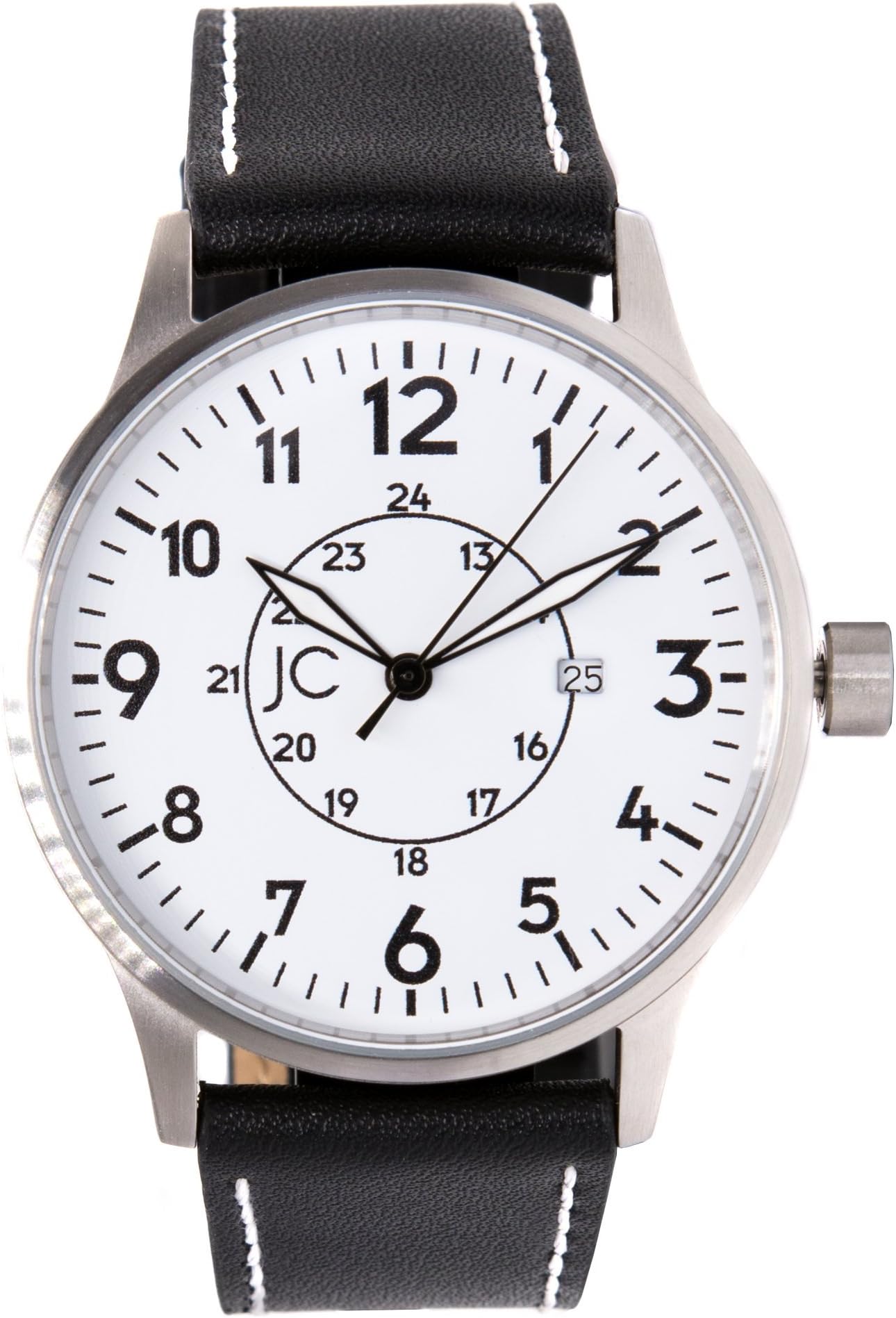Jean Constantine Aviator Watch, Swiss Ronda Clockwork Pilots Watch, Date Display, Mineral Glass Genuine Leather Bracelet Watch, 5 ATM, Colour: Black/White, 42