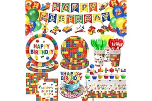 QIYANPAX 173 PCS Building Block Birthday Party Decorations - Plates, Napkins, Cups, Cutlery, Cake & Cupcake Toppers, Banner, Hanging Swirls, Tablecloth, Balloons for Boys' Kids' Birthday Party, Serves 20