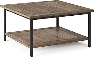 SIMPLIHOME Skyler SOLID MANGO WOOD and Metal 34 inch Wide Square Modern Industrial Coffee Table in Beach Brown, for the Living Room and Family Room