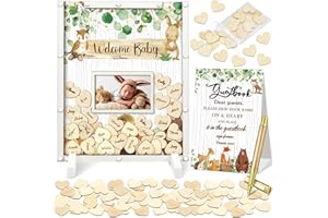 Beeveer 65 Pcs Woodland Animal Baby Shower Guest Book Alternatives He or She Gender Reveal Baby Shower Decorations Sign in Guest Book with Picture Frame and 60 Wooden Chip