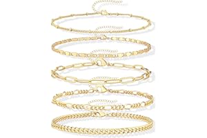 Gokeey Gold Bracelets Set for Women Non Tarnish Trendy,14K Gold Plated Dainty Stackable Paperclip Cuban Link Chain Bracelets, Simple Cute Cuff Bracelets Jewelry Set Adjustable 7"+2"