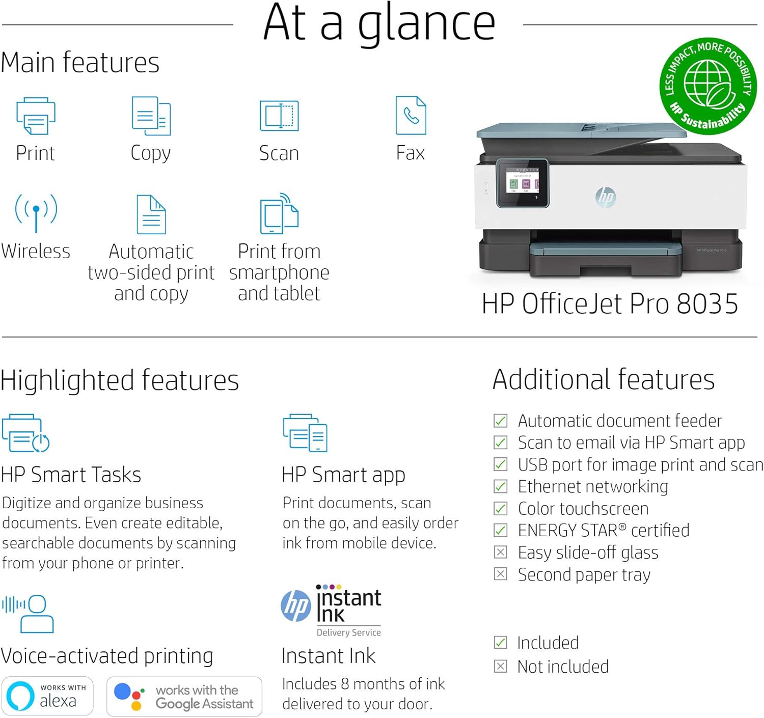 HP OfficeJet Pro 8035 All-in-One Wireless Printer - Includes 8 Months of Ink, HP Instant Ink, Works with Alexa - Oasis (3UC66A): Electronics