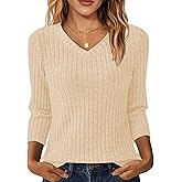 NORACORA V Neck 3/4 Length Sleeve Shirts for Women Casual Fall Tops Lightweight Tunic Sweaters Apricot L