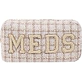Personalized Chenille Letter Patch Checkered MEDS Bag,Cute Plaid Patter Drug Medicine Travel Makeup Bag with Zipper, Preppy Vitamin Organizer Bag for Women and Girls (06Beige Checkered)