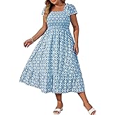 Hanna Nikole Women's Plus Size Summer Maxi Dress Short Sleeve Smocked Square Neck Casual Floral Flowy Dresses with Pockets