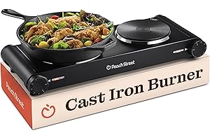 PEACH STREET Electric Double Stovetop Hot Plate for Cooking 1800W 7.3/4" Glass Cast Iron Portable Stove Burners Cool Touch Handle Cooktop Keeps Food Warm Temperature Controls Electric Burner for Kitchen, Dorm