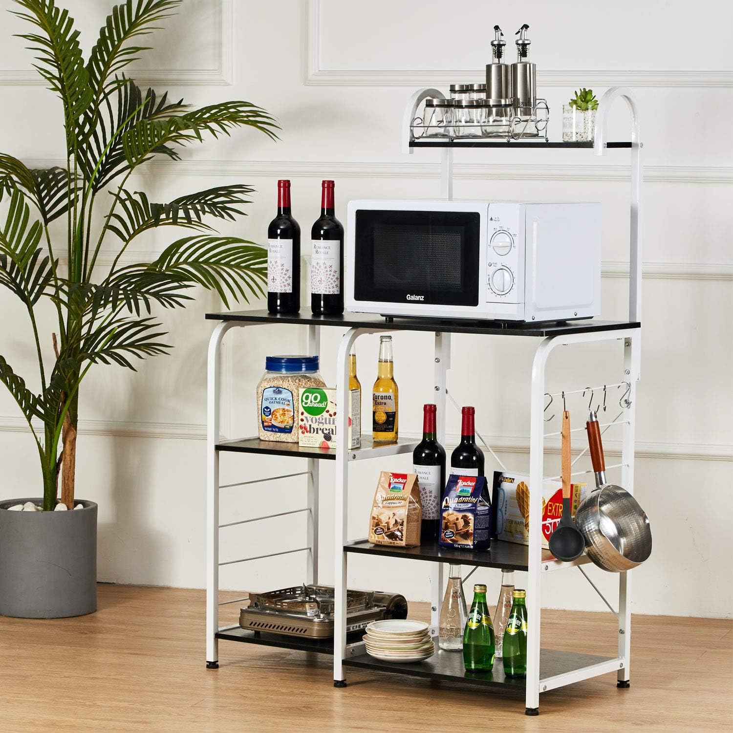 VANSPACE Indusrial Kitchen Baker's Rack Utility Storage Shelf Microwave Stand 4-Tier + 3-Tier Kitchen Storage Cart Table for Spice Rack Organizer Workstation with 5 Hooks - 35.5" Black Walnut - Standing Baker's Racks