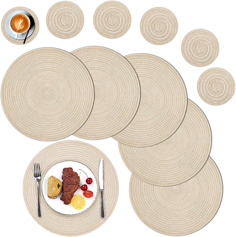 SHACOS Round Placemats and Coasters Set of 6 Beige Woven 38 cm 10 cm