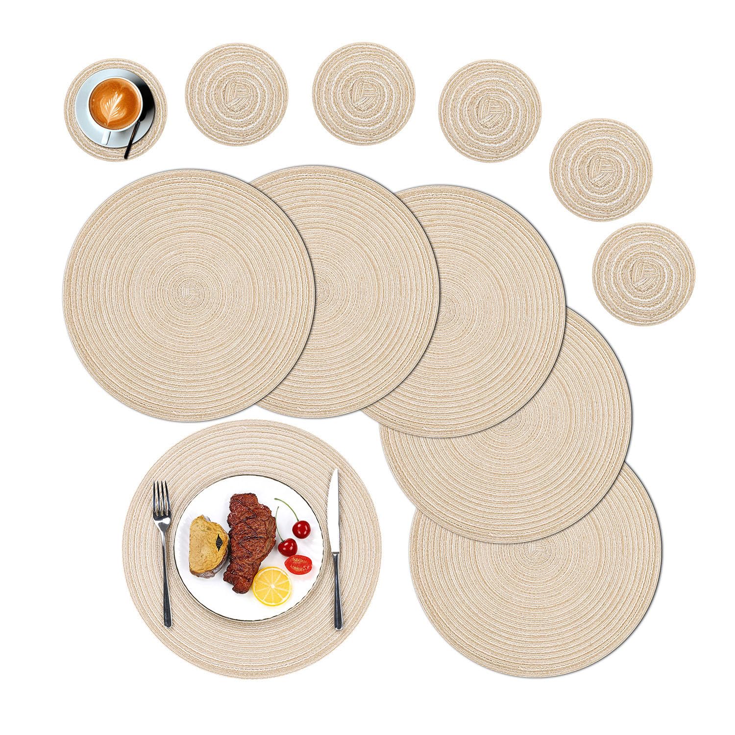 SHACOS Round Placemats and Coasters Set of 6, Round Braided Woven Place Mats Washable Beige Table Mats and Coasters Sets Heat Resistant Table Mats for Kitchen Dining Table Home Restaurant — image 1