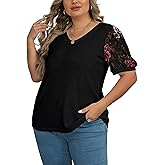 OLRIK Plus Size Tops for Women Summer Blouse Waffle Knit Short Lace Sleeve Shirts