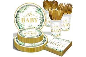 OUNIY Sage Greenery Baby Shower Plates and Napkins Tableware Set - 175pcs Gender Neutral Baby Shower Decorations Oh Baby Party Supplies, Disposable Paper Plates Napkins for Baby Girl Boy Shower Decorations