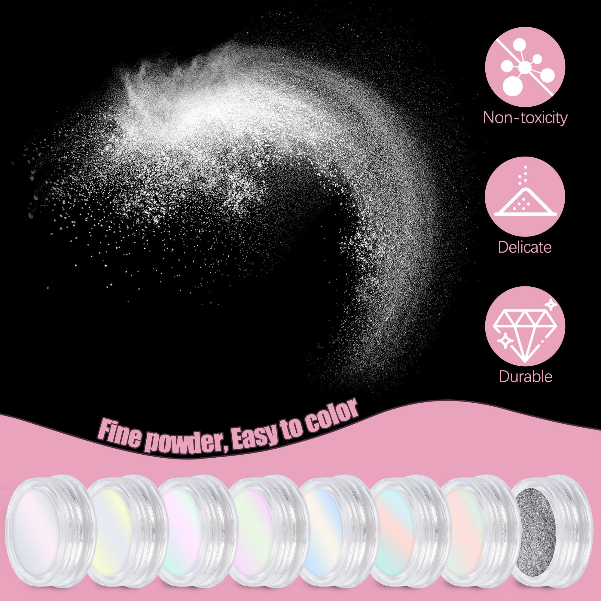 Artdone 8 Jars Chrome Nail Powder Magic White Pearl Kit Mirror Effect Silver Metallic Holographic Dip Nail Powder For Resin Craft & Nail Art Fimo, Decoration Iridescent Aurora Mermaid Pigment - Image 7