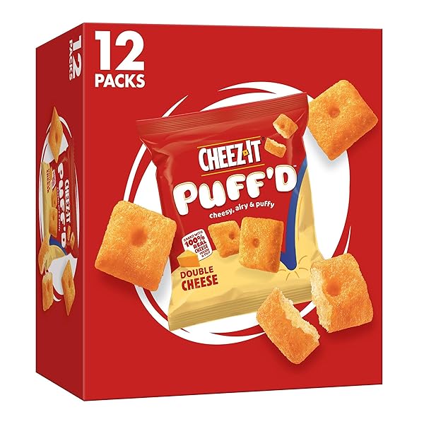 CHEEZ-IT PUFF’D CHEESY BAKED SNACKS, PUFFED CRACKERS, KIDS SNACKS, GRAB N’ GO, DOUBLE CHEESE, 8.4OZ BOX (12 POUCHES)