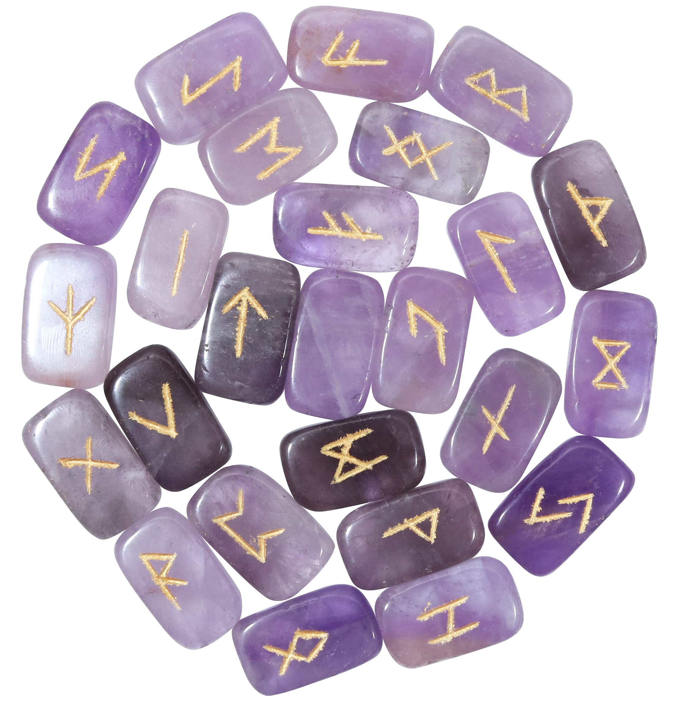 Crocon® Amethyst Gemstone Rune stones Rectangle Shape with Elder Futhark Alphabet Engraved 25 pcs Rune Set Crystal Divination Healing Chakra Reiki with a Pouch & Rune brochure Size : 20-25mm